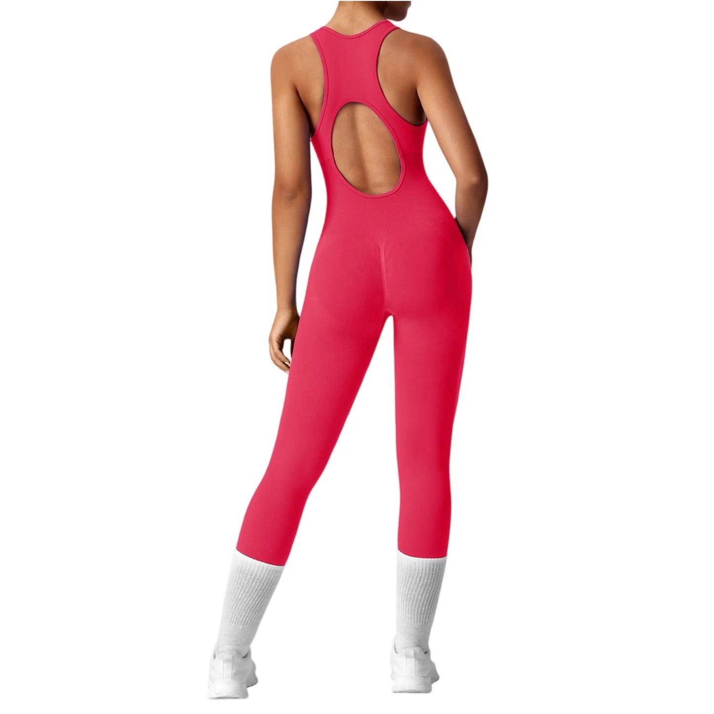 Women's Fashionable Solid Color Round Neck Tight Back Yoga Suit Yoga Jumpsuit Sports Overalls Gym Clothing Set Sexy Yoga Clothes