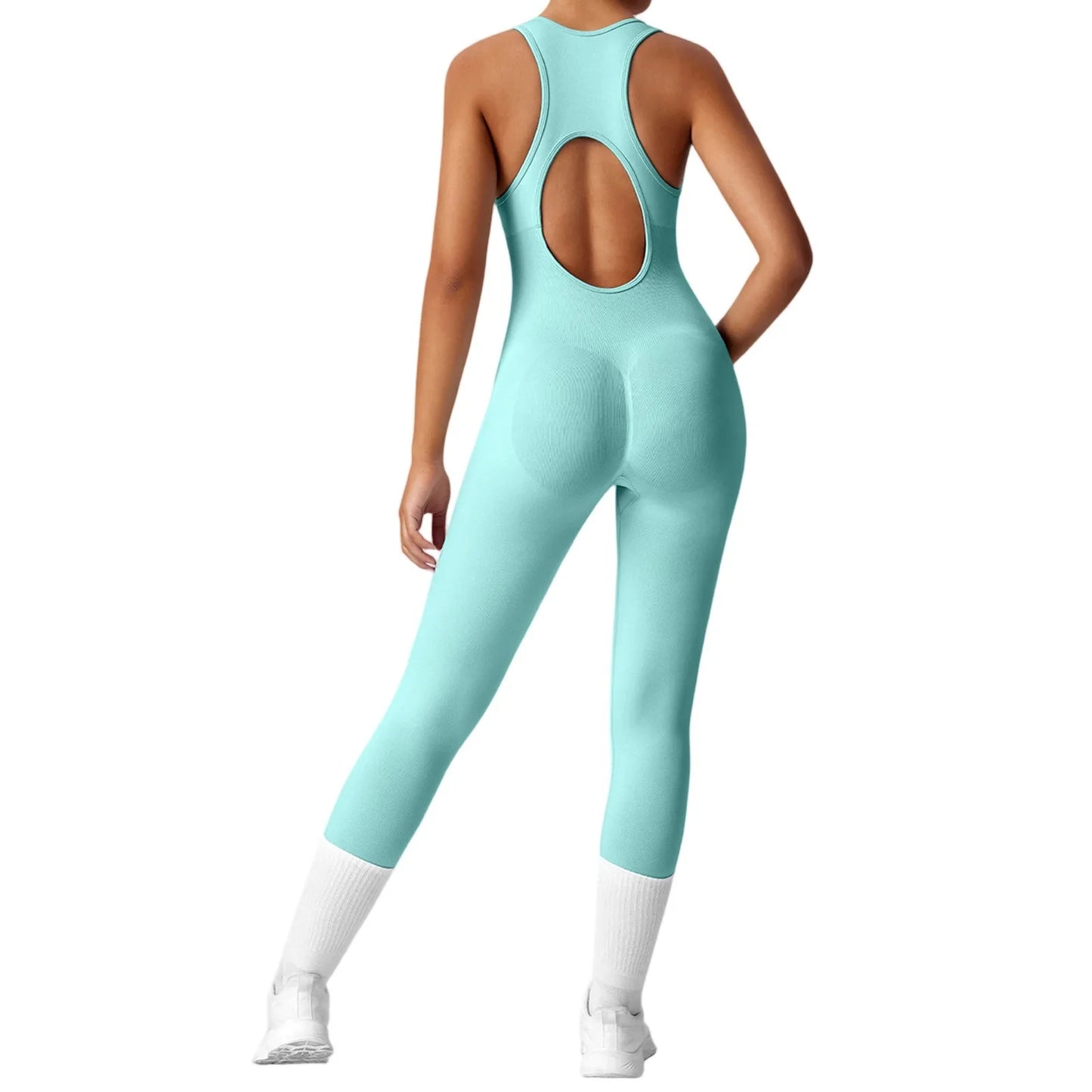 Women's Fashionable Solid Color Round Neck Tight Back Yoga Suit Yoga Jumpsuit Sports Overalls Gym Clothing Set Sexy Yoga Clothes