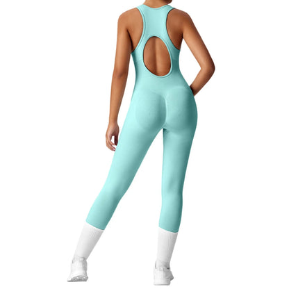 Women's Fashionable Solid Color Round Neck Tight Back Yoga Suit Yoga Jumpsuit Sports Overalls Gym Clothing Set Sexy Yoga Clothes