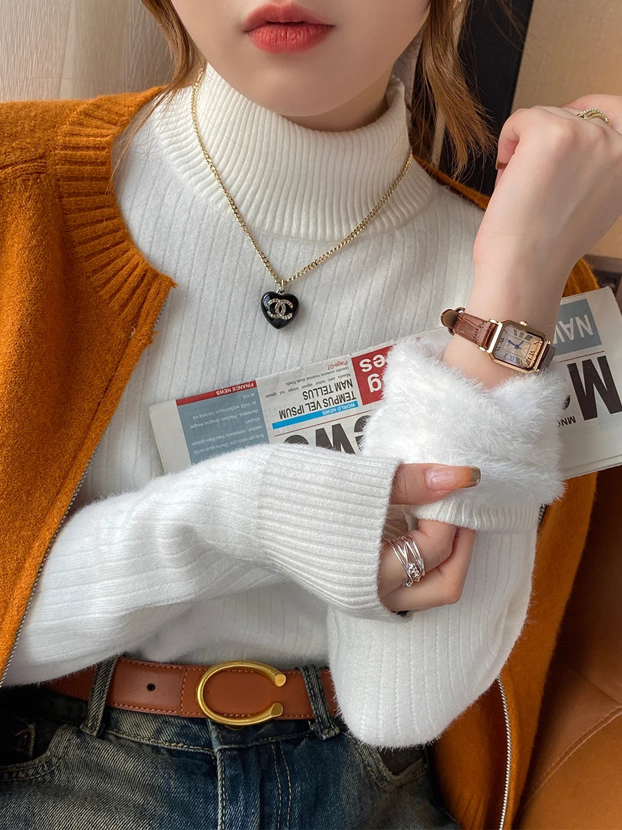 Women's Turtleneck Sweater Winter 2024 Retro Red with Velvet Lining