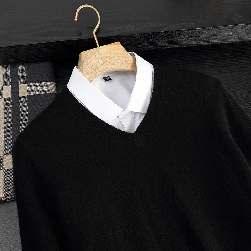 Autumn/Winter New Men's 100% Cashmere Pullover Business Casual Solid Knitted Sweater Loose V-neck Tops Basic Thick Warm Jumper