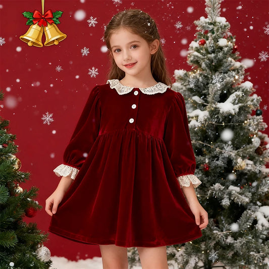 1-6Yrs Christmas Party Dress Kid Baby Girls Lace Collar Red New Year Princess Dress Kids Baby Girls Dress Children Clothes Dress