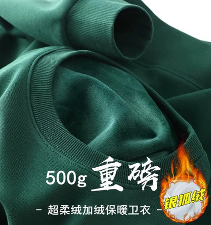 Navy Blue 500g Heavy Round Neck Sweater Men's Autumn and Winter Velvet Thickened Pullover Couple Loose American Top Women