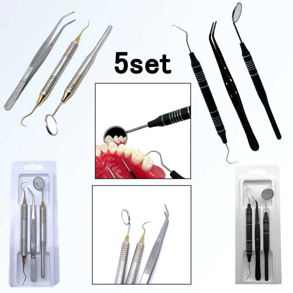 Dental Tools Set 5pc Stainless Steel Mouth Mirror Tweezers Curve Probe for Professional Teeth Cleaning Durable