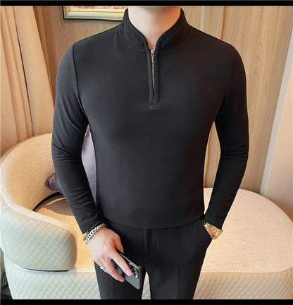 Men's Half Zipper Long Sleeved T-shirt Autumn Winter New Pure Color Thicken Slim Fit Elastic Fashionable Versatile T-Shirt
