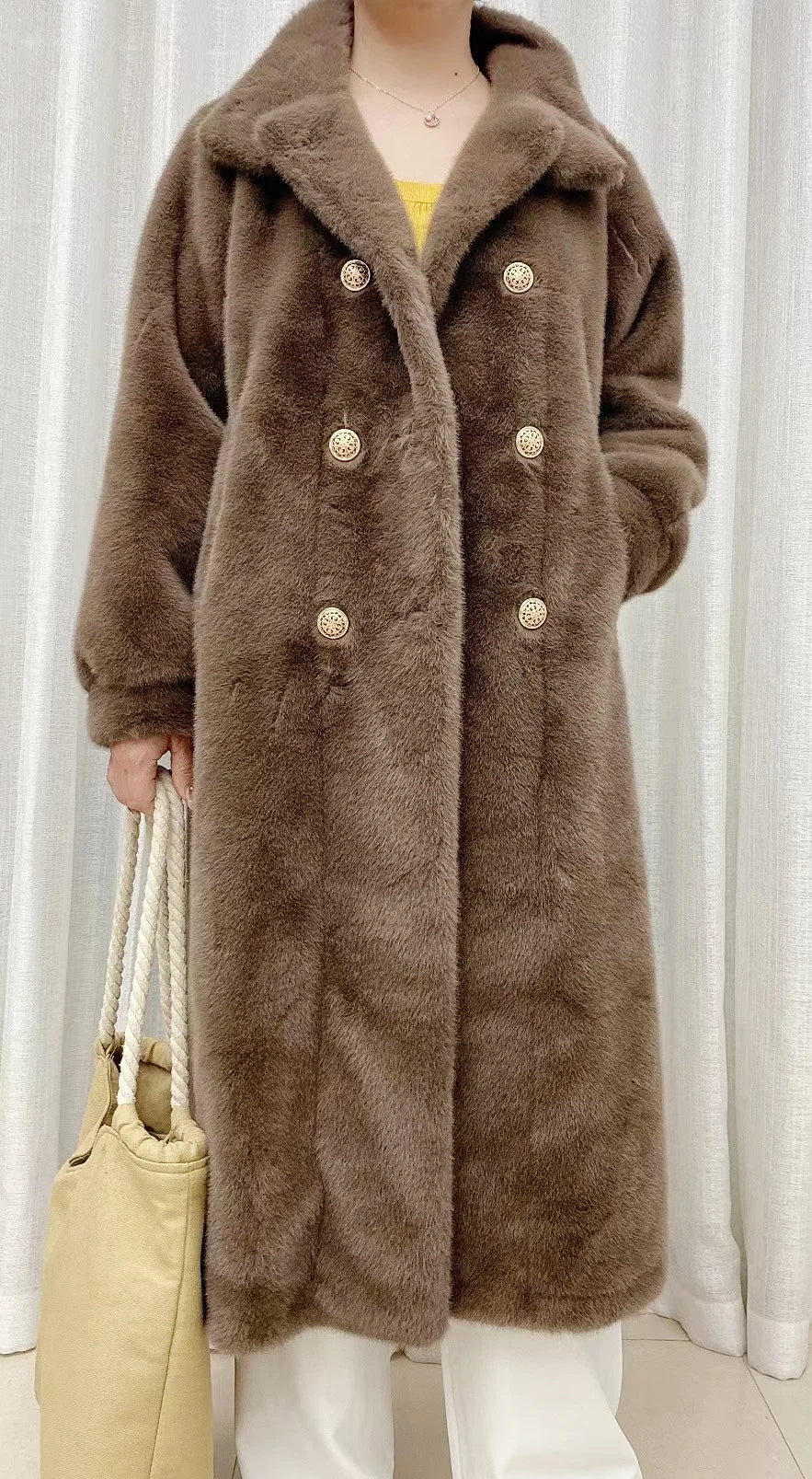 Faux fur coat long coat women's lapel double-breasted loose warm high-end atmospheric coat jacket 24 autumn and winter new
