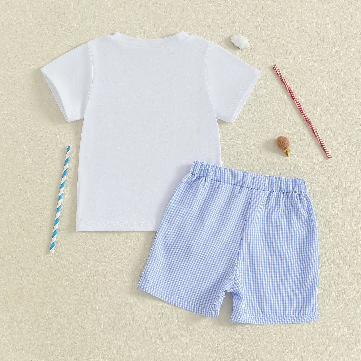 Citgeett Summer Kids Boys Shorts Set Short Sleeve Embroidery T-shirt Plaid Blue Shorts Outfit Clothes