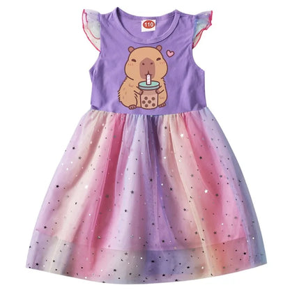 Capybara Clothes Kids Summer Short Sleeve Casual Dresses Baby Girls Lovely Capivara Dress Girl Birthday Gift Princess Vestidos