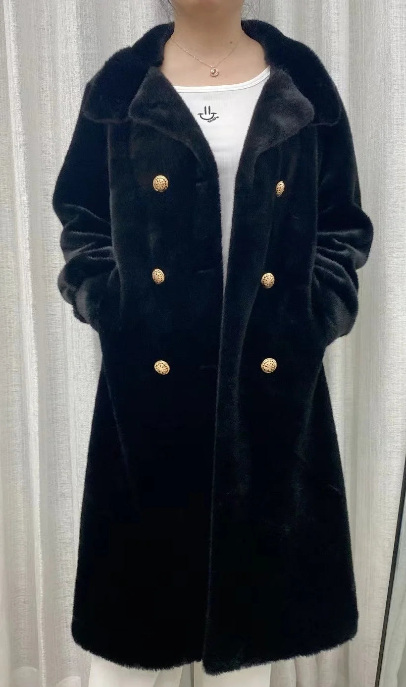 Faux fur coat long coat women's lapel double-breasted loose warm high-end atmospheric coat jacket 24 autumn and winter new