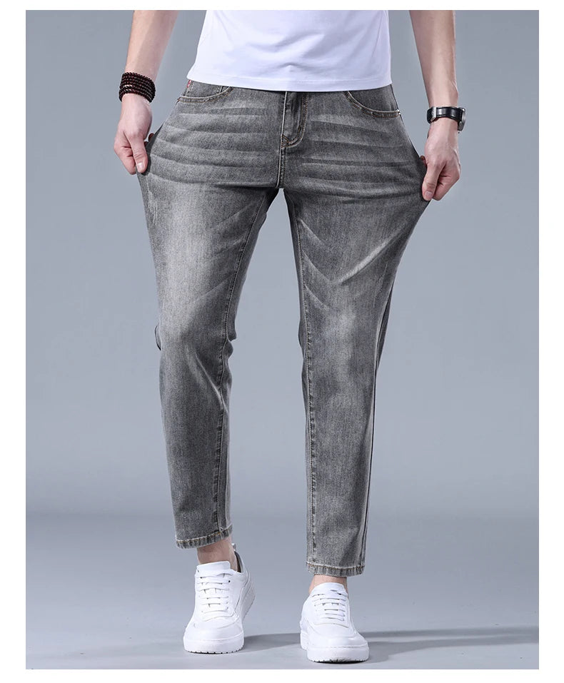 Classic five bag denim Ankle length Slim Fit Small Legs Skinny Men Stretch Jeans Vintage Men's Cropped  9 Points Retro Pants new