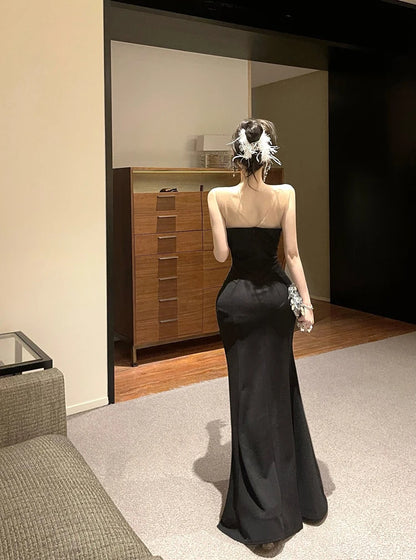 European and American style women exposed legs high fork slimming dress long skirt High end temperament socialite dress