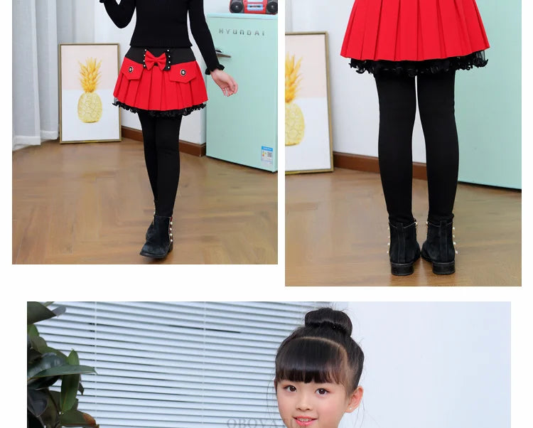 Children Winter Warm Leggings with Skirt For Girls Insulated SKinny Pants-Skirt With Bow Skirtpants Kids Baby Culottes Pants