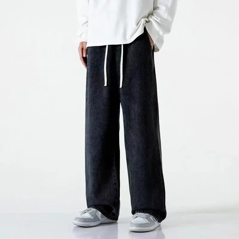 Spring Autumn Men's Jeans Straight Denim Pants Banding Waist Cotton Streetwear Wide Leg Loose Casual Blue Long Jeans Trousers