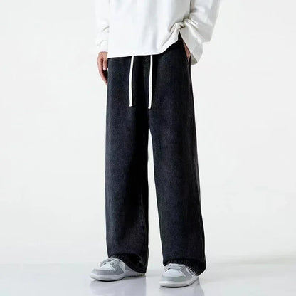 Spring Autumn Men's Jeans Straight Denim Pants Banding Waist Cotton Streetwear Wide Leg Loose Casual Blue Long Jeans Trousers