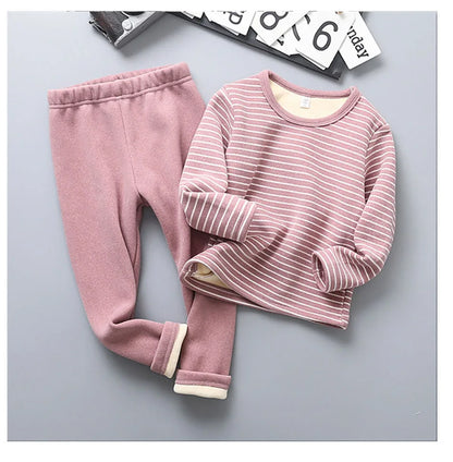Extra Warm Plush Lined Children Striped Homewear Sleepwear Autumn and Winter Pajama Sets Suitable Kids Comfortable and Style
