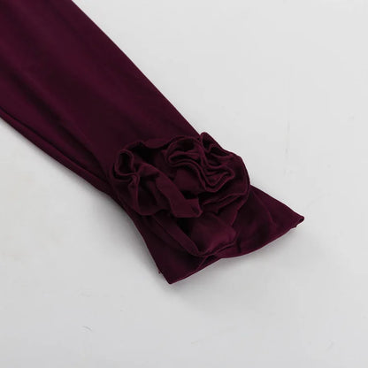 Tornova Sexy Slim Ruched Dress For Women 3D Flowers Pullover Long Sleeve Mini Dress Elegant Solid 2025 New Female Party Dress