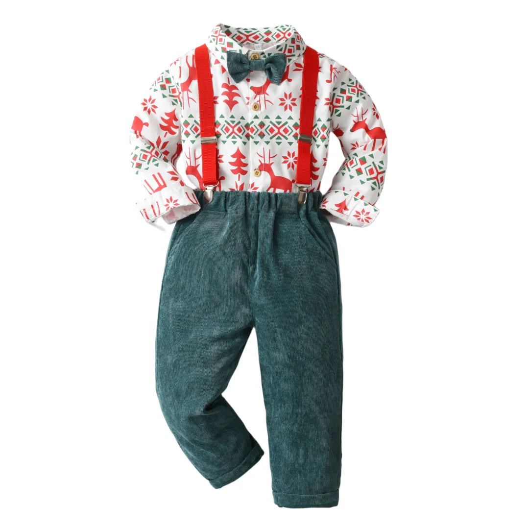 Boys' Christmas Print Set Children Boutique Clothing Suit 1-6 Years Baby Infant Green Corduroy Pants Outfit Festival Costume