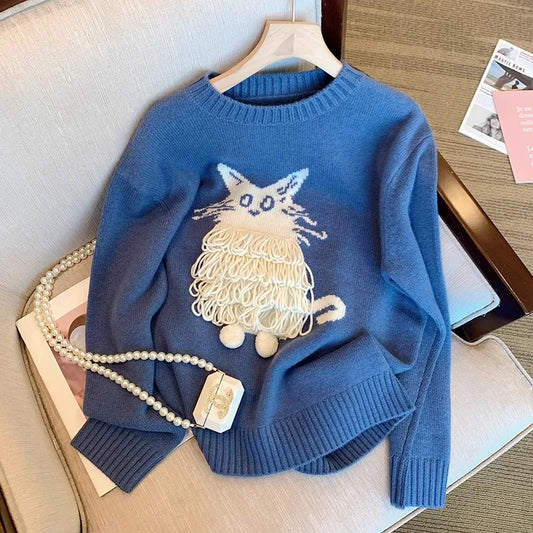Suéter Azul Coreano Inverno 2025 - Gatinho Bordado