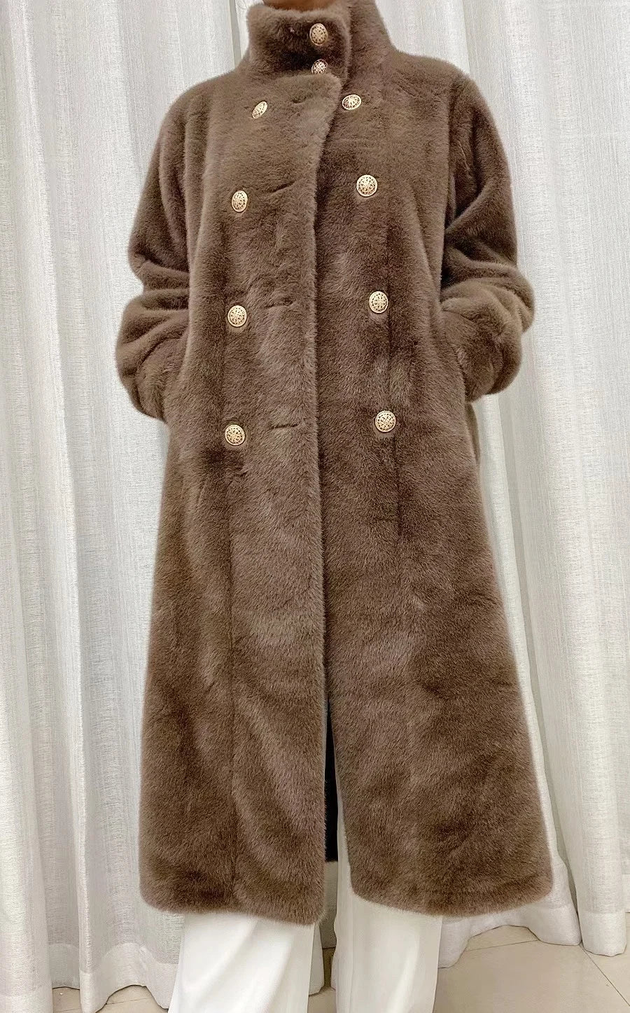 Faux fur coat long coat women's lapel double-breasted loose warm high-end atmospheric coat jacket 24 autumn and winter new