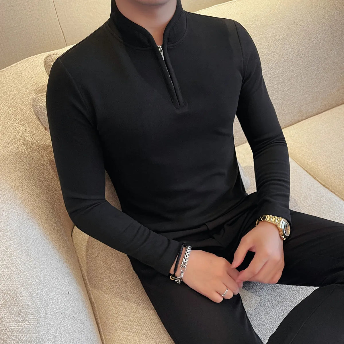 Men's Half Zipper Long Sleeved T-shirt Autumn Winter New Pure Color Thicken Slim Fit Elastic Fashionable Versatile T-Shirt