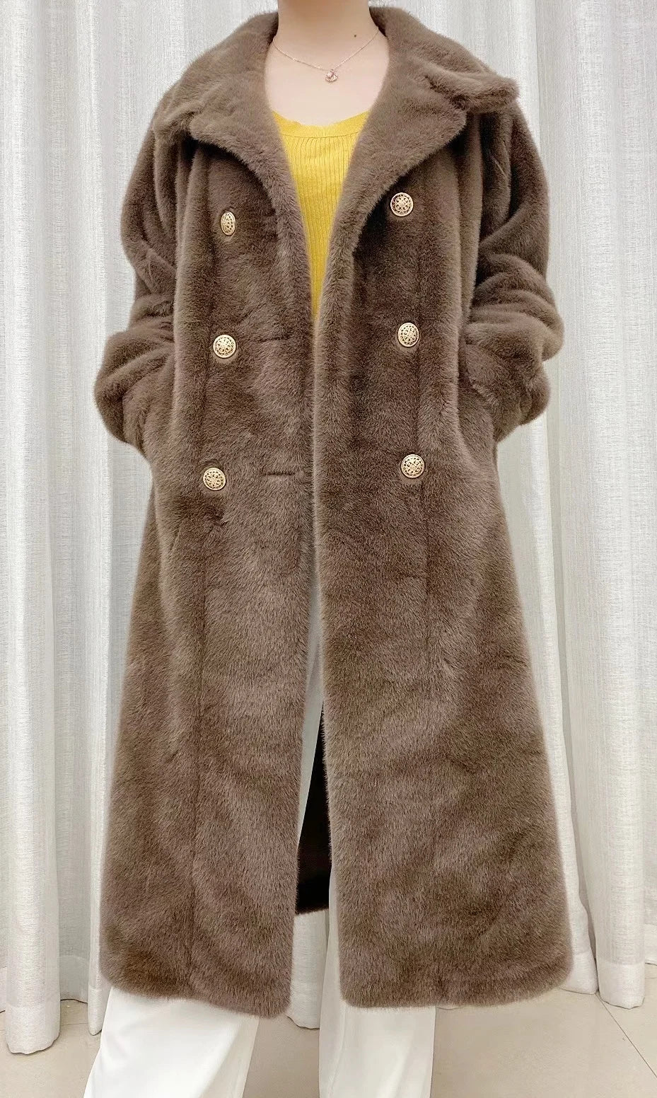 Faux fur coat long coat women's lapel double-breasted loose warm high-end atmospheric coat jacket 24 autumn and winter new