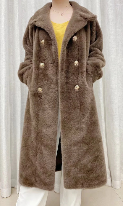 Faux fur coat long coat women's lapel double-breasted loose warm high-end atmospheric coat jacket 24 autumn and winter new