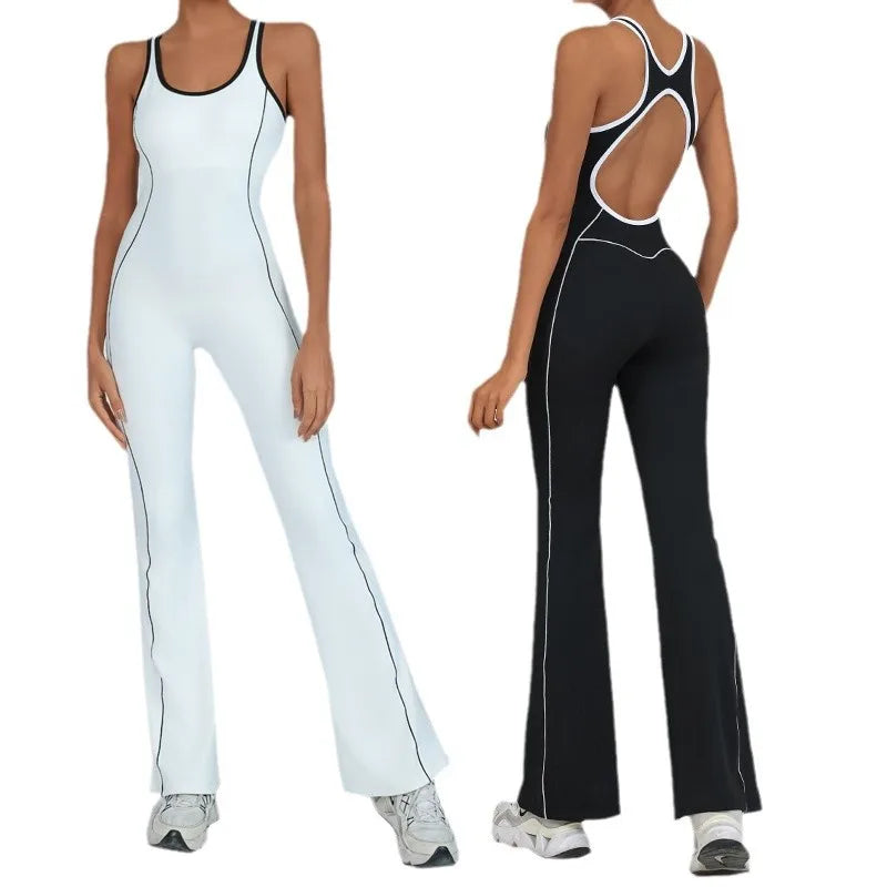 Yoga Jumpsuit Women Backless Fitness Sports Overalls Gym Clothing Flared Patchowrk Workout Clothes Outfit Push-up Activewear