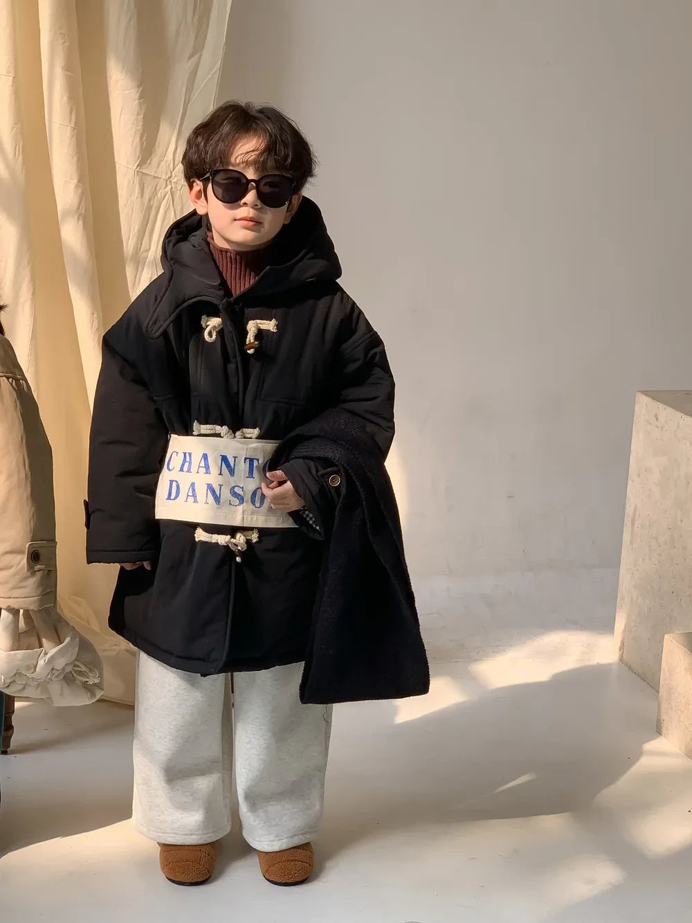 Winter Korean Children Boy Parkas Cotton Padded Thicken Hooded Toddler Boy Snowwear Coat Casual Solid Horn Button Kid Boy Jacket