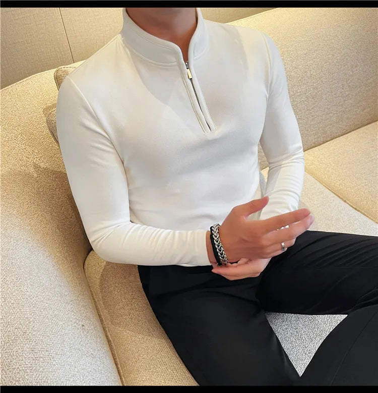 Men's Half Zipper Long Sleeved T-shirt Autumn Winter New Pure Color Thicken Slim Fit Elastic Fashionable Versatile T-Shirt