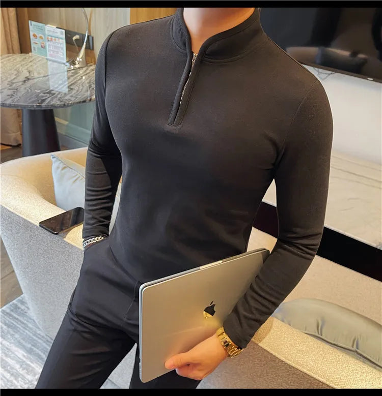 Men's Half Zipper Long Sleeved T-shirt Autumn Winter New Pure Color Thicken Slim Fit Elastic Fashionable Versatile T-Shirt