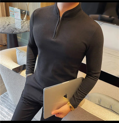 Men's Half Zipper Long Sleeved T-shirt Autumn Winter New Pure Color Thicken Slim Fit Elastic Fashionable Versatile T-Shirt