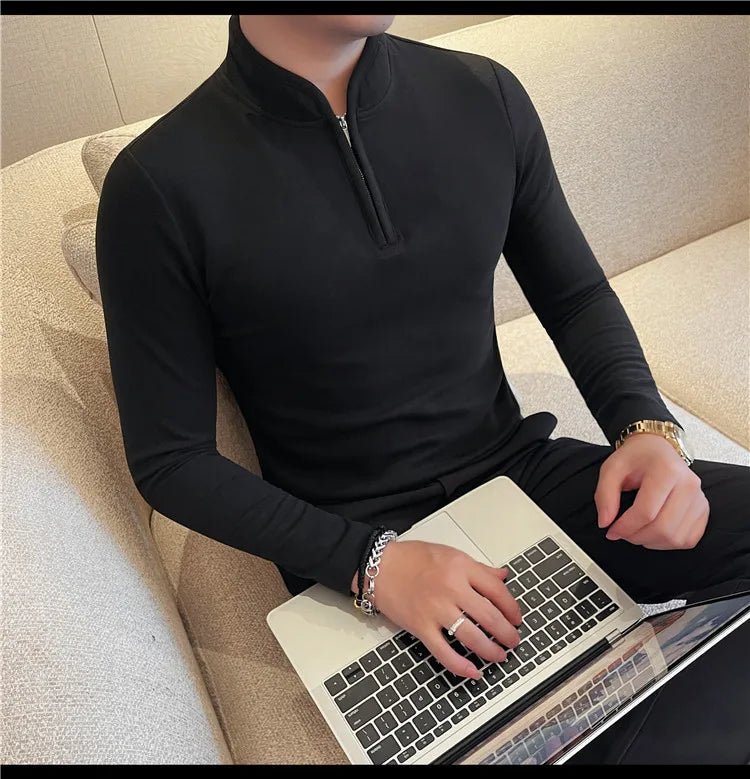 Men's Half Zipper Long Sleeved T-shirt Autumn Winter New Pure Color Thicken Slim Fit Elastic Fashionable Versatile T-Shirt