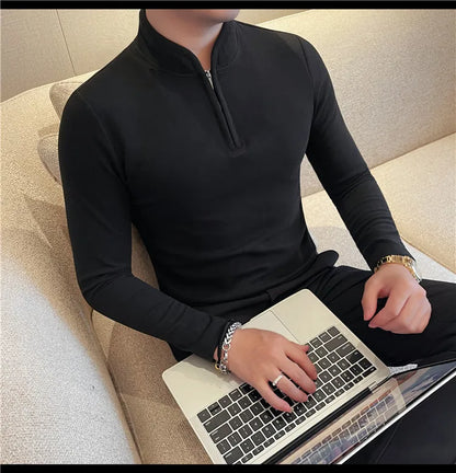 Men's Half Zipper Long Sleeved T-shirt Autumn Winter New Pure Color Thicken Slim Fit Elastic Fashionable Versatile T-Shirt