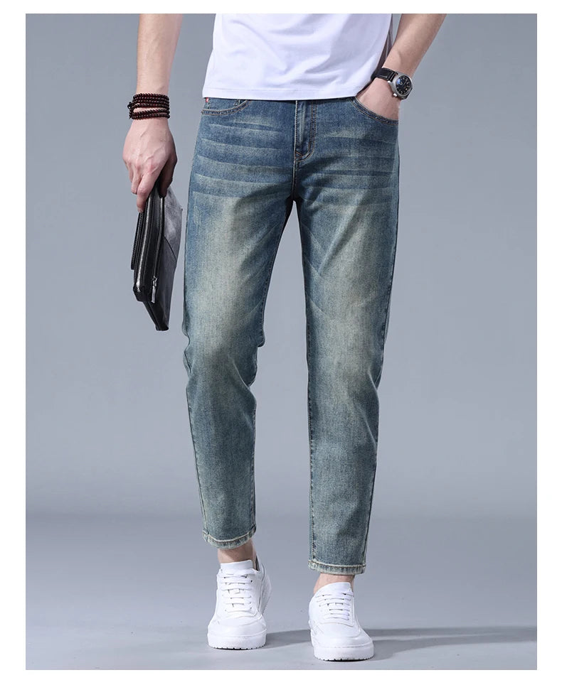Classic five bag denim Ankle length Slim Fit Small Legs Skinny Men Stretch Jeans Vintage Men's Cropped  9 Points Retro Pants new