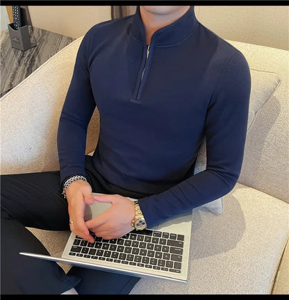 Men's Half Zipper Long Sleeved T-shirt Autumn Winter New Pure Color Thicken Slim Fit Elastic Fashionable Versatile T-Shirt