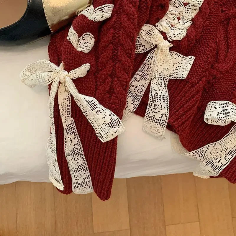 Red Twist Strap Sweater for Women 2023 Spring and Autumn Winter Christmas Sweet Bow Knitting Pullover Oversize Women Pull Femme