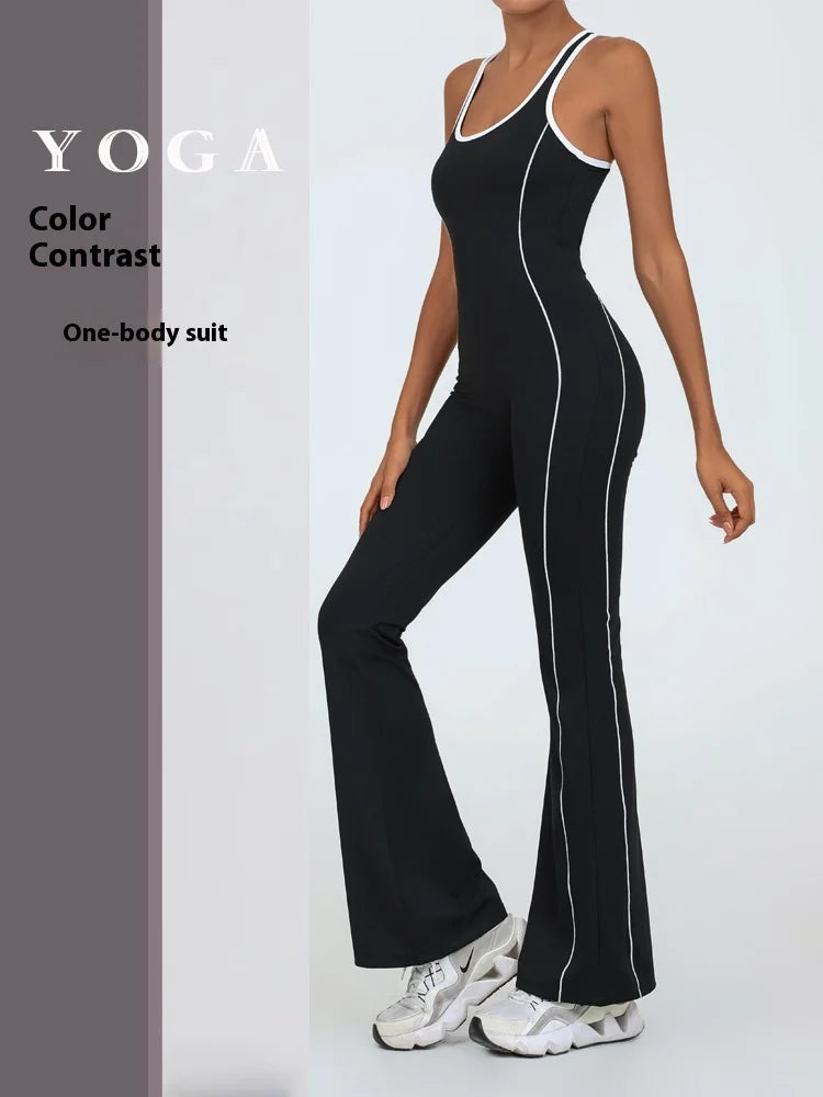 Yoga Jumpsuit Women Backless Fitness Sports Overalls Gym Clothing Flared Patchowrk Workout Clothes Outfit Push-up Activewear