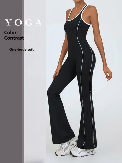 Yoga Jumpsuit Women Backless Fitness Sports Overalls Gym Clothing Flared Patchowrk Workout Clothes Outfit Push-up Activewear