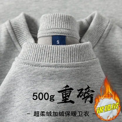 Navy Blue 500g Heavy Round Neck Sweater Men's Autumn and Winter Velvet Thickened Pullover Couple Loose American Top Women