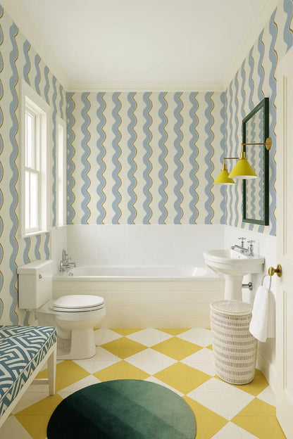 Retro Wavy Lines Regular Wallpaper in Blue, Brown and Beige, Bold Stripes Wall Cover, Funky Temporary Accent Traditional Paper