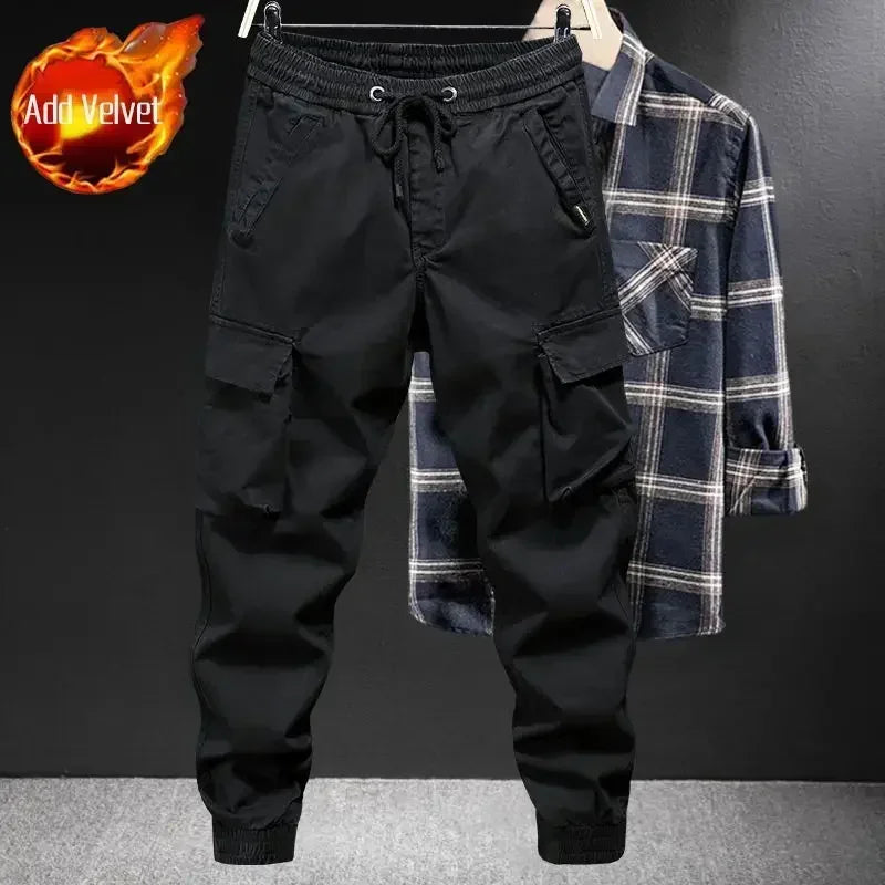 Trousers Man Motorcycle Winter Black Cargo Pants for Men Biker Fleece-lined Nylon Emo Fashion Plus Size High Quality Designer