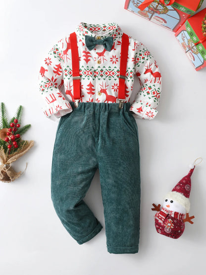 Boys' Christmas Print Set Children Boutique Clothing Suit 1-6 Years Baby Infant Green Corduroy Pants Outfit Festival Costume