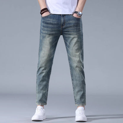 Classic five bag denim Ankle length Slim Fit Small Legs Skinny Men Stretch Jeans Vintage Men's Cropped  9 Points Retro Pants new