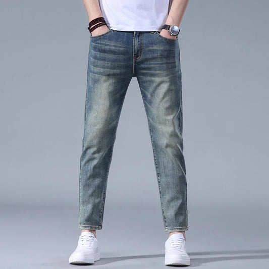 Classic five bag denim Ankle length Slim Fit Small Legs Skinny Men Stretch Jeans Vintage Men's Cropped  9 Points Retro Pants new