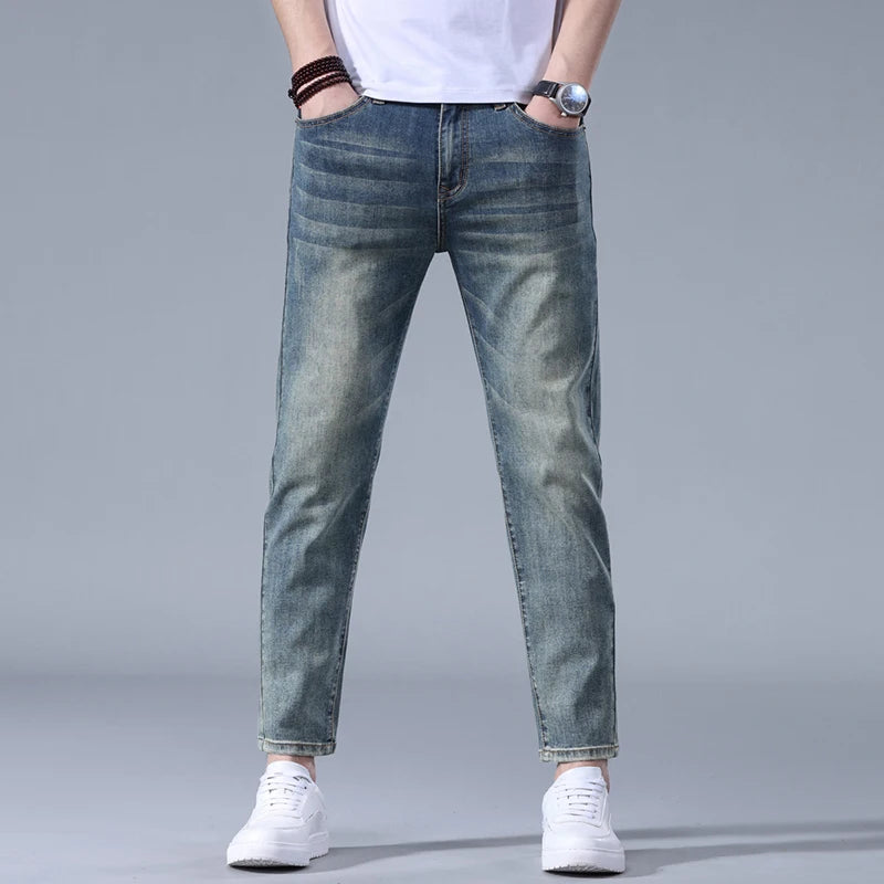 Classic five bag denim Ankle length Slim Fit Small Legs Skinny Men Stretch Jeans Vintage Men's Cropped  9 Points Retro Pants new