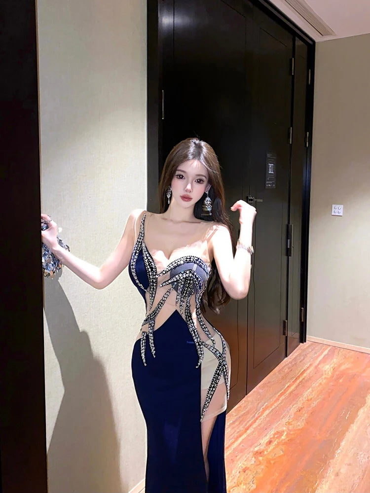 European and American style women exposed legs high fork slimming dress long skirt High end temperament socialite dress