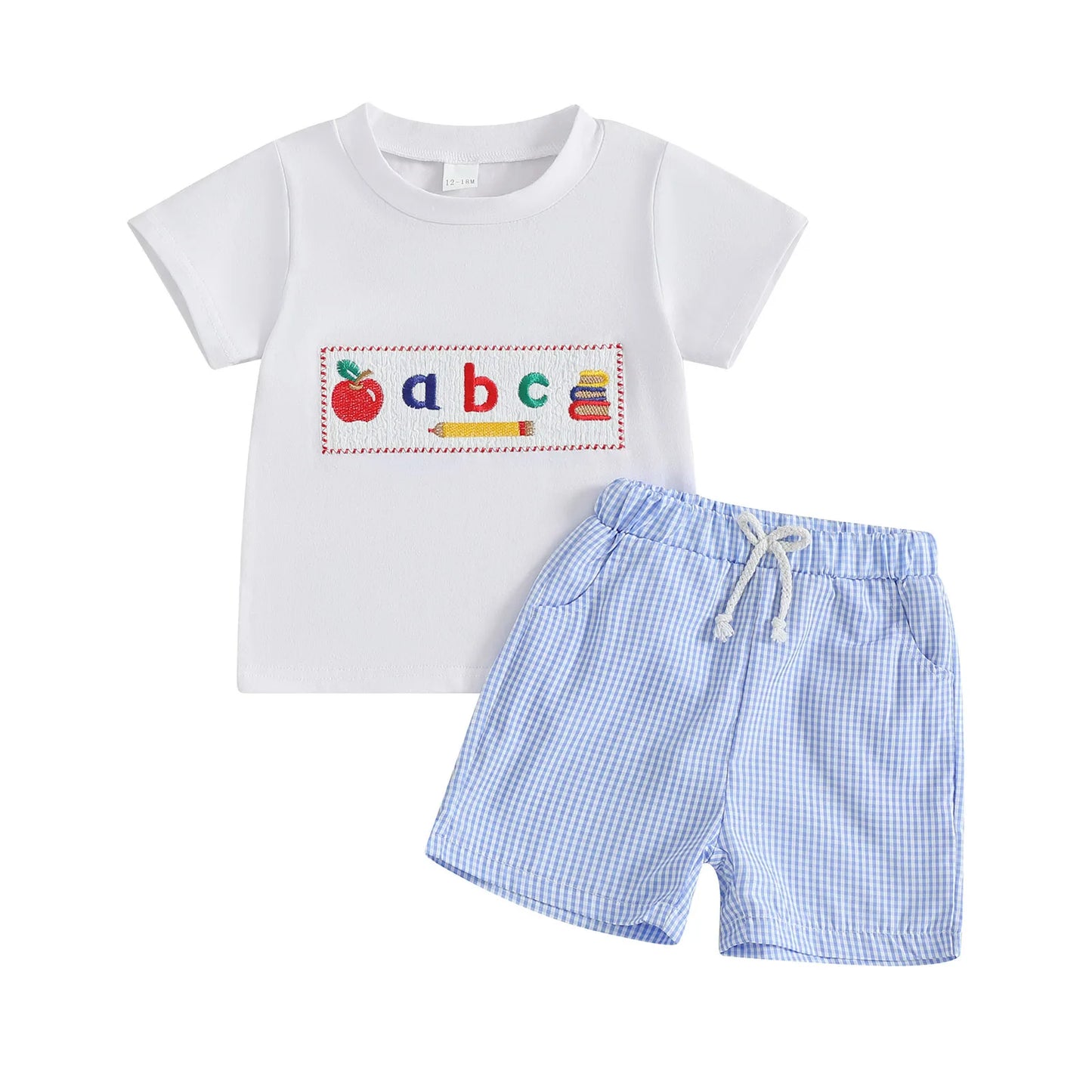 Citgeett Summer Kids Boys Shorts Set Short Sleeve Embroidery T-shirt Plaid Blue Shorts Outfit Clothes