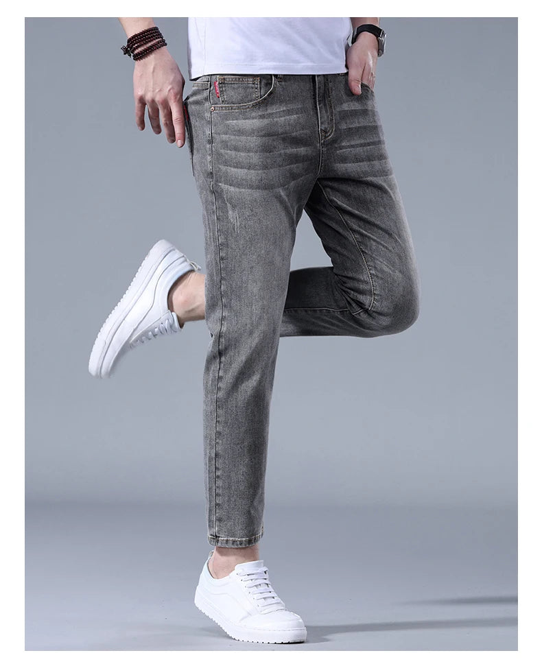 Classic five bag denim Ankle length Slim Fit Small Legs Skinny Men Stretch Jeans Vintage Men's Cropped  9 Points Retro Pants new