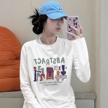 American Abstract Print T-shirt Women Autumn 2025 New 100% Cotton White Long sleeve T-shirt Loose Casual Y2k Top Female clothing