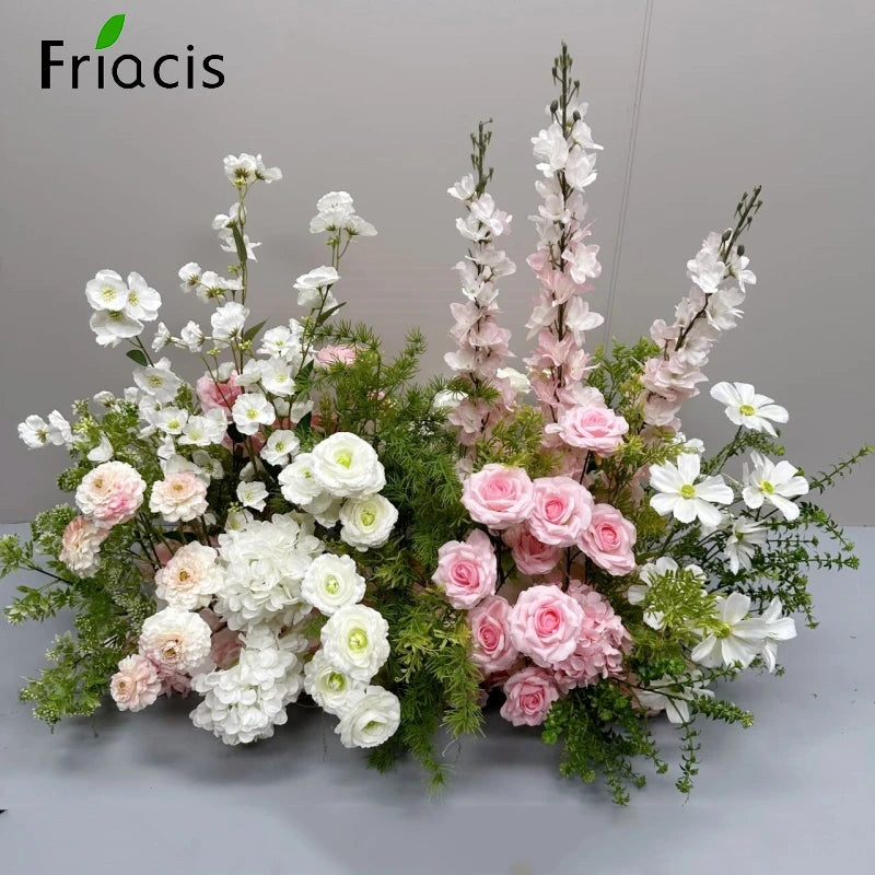 Green Plants Leaf Rose Flower Row Wedding Silk Table Floral Commercial Plaza Partition Hotel Scene Layout Floor Flowers Decor